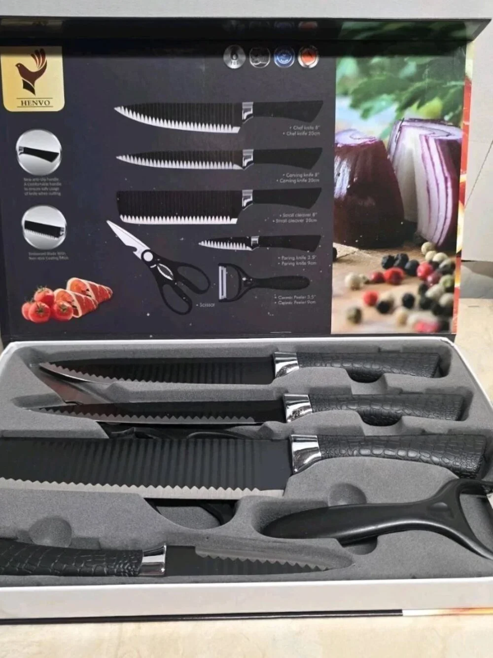 HENVO ER-0238A 6pc Knife Set Chef/Cleaver/Paring + Kitchen Shears, Black